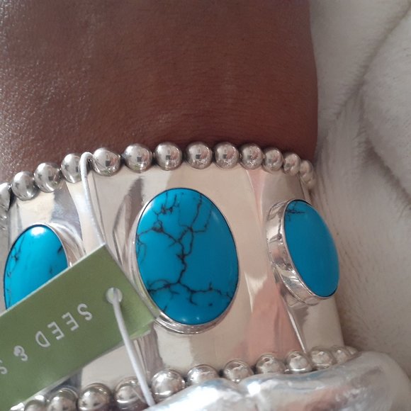 SEED & SAGE STERLING/ TURQUOISE CUFF BANGLE BRACELET - Picture 4 of 4
